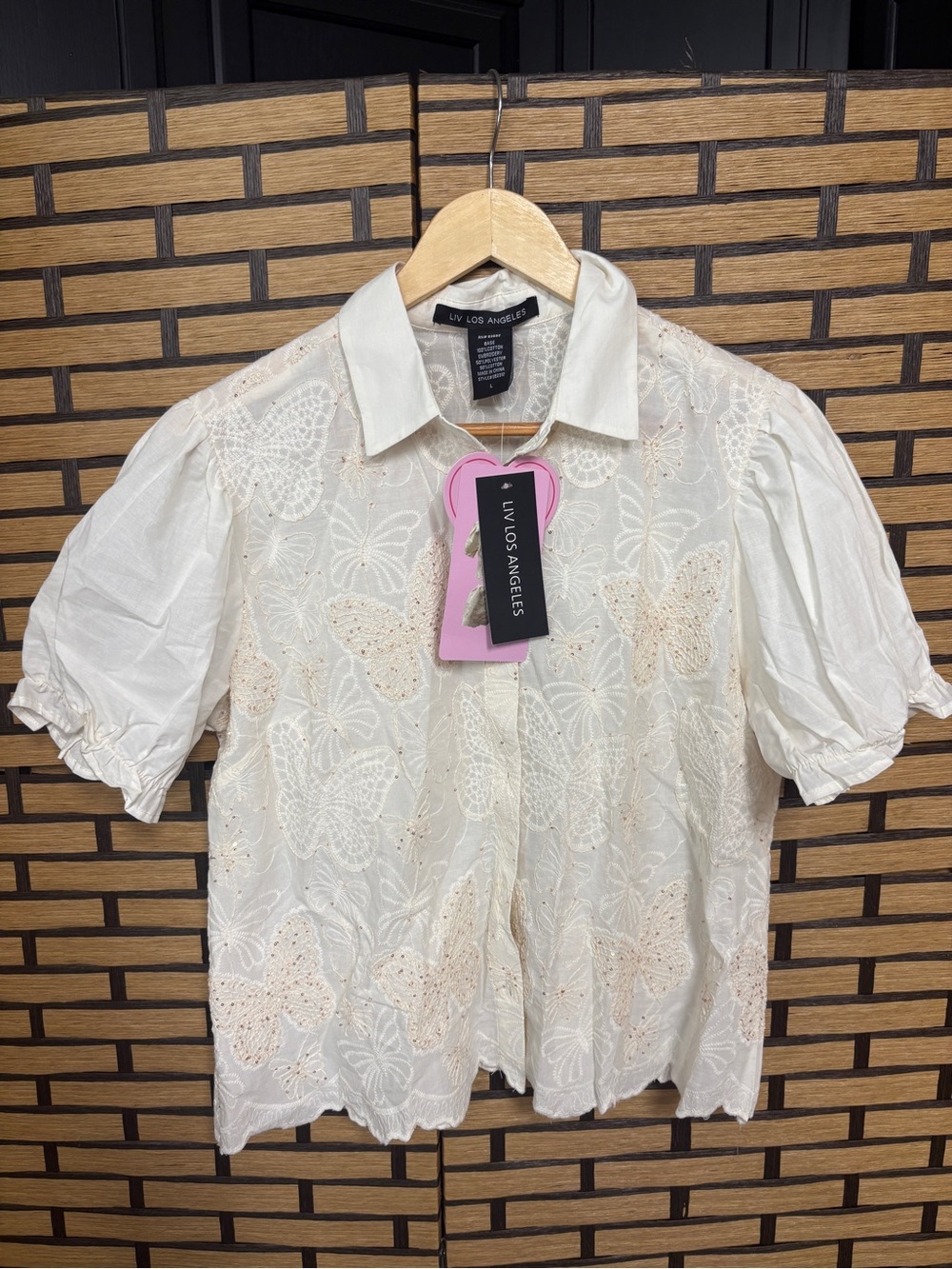 Liv Los Angeles cream butterfly sequin button down top size large